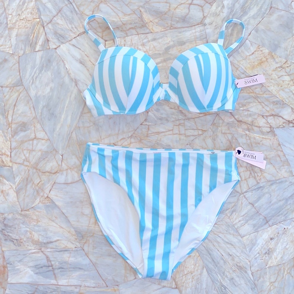 Classic Aqua Cabana Stripe 2 Pc Swim Set Sexy Tee Push-Up 38C Top & Large Bikini